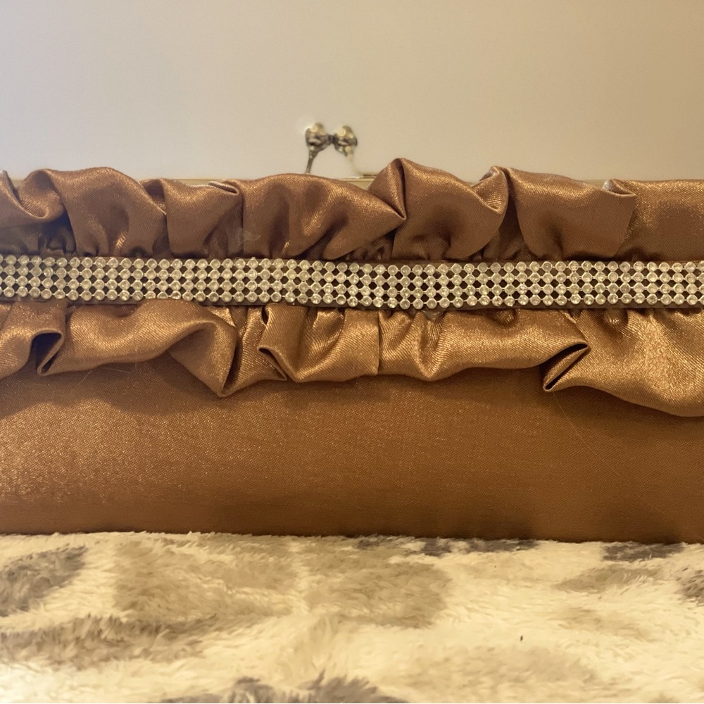 Gold Ruffle/Rhinestone Clutch with Chain Strap